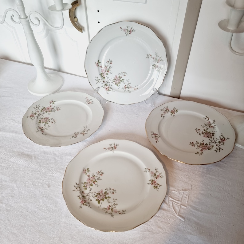 4 Assiettes Plates en Porcelaine à décor de Fleurs dans les tons roses image 5