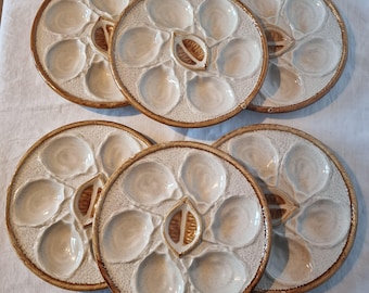 Vintage French hand-painted ceramic or earthenware oyster dish from the 1950s