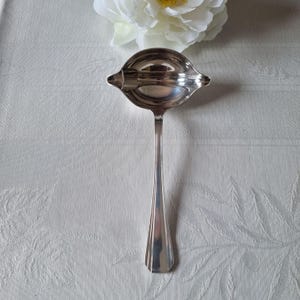 Può includere: Un mestolo per salsa color argento con una ciotola rotonda e un lungo manico affusolato. Il mestolo è appoggiato su una tovaglia bianca con un motivo floreale, e un fiore bianco è sullo sfondo. Questo elegante utensile da portata è perfetto per cene formali.