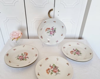 6 Assiettes plates en porcelaine française à fleurs multicolores et bord doré 23,5cm