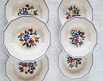 Lot de 6 Assiettes Creuses de Luneville Décoration Peinte à la Main en Porcelaine Française