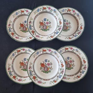 May include: Six white ceramic plates with a floral design. Each plate features a central floral arrangement in shades of red, orange, blue, and purple. The plates have a scalloped edge and a green border. The plates are arranged on a dark surface.