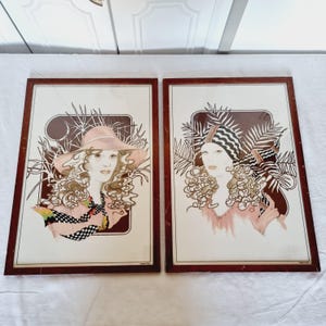 2 dipinti vintage in stile Tara anni '70 colorati a mano e incorniciati