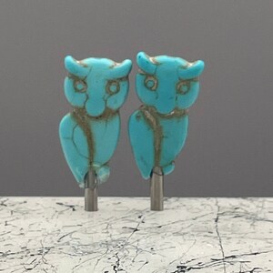 May include: Two turquoise owl-shaped earrings with silver posts.