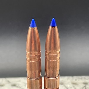 May include: Two copper-colored bullets with blue tips. The bullets are pointed and have a series of rings around the base.