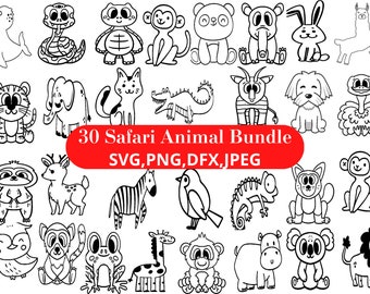Safari Animal Doodle SVG Bundle: 30 Jungle Clipart Designs (Digital Download)