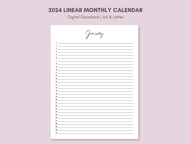 Printable Linear Calendar 2024 Monthly Planner 2024 A4 Letter Portrait Printable Linear Calendar 2024 Monthly Planner 2024 A4 Letter Portrait