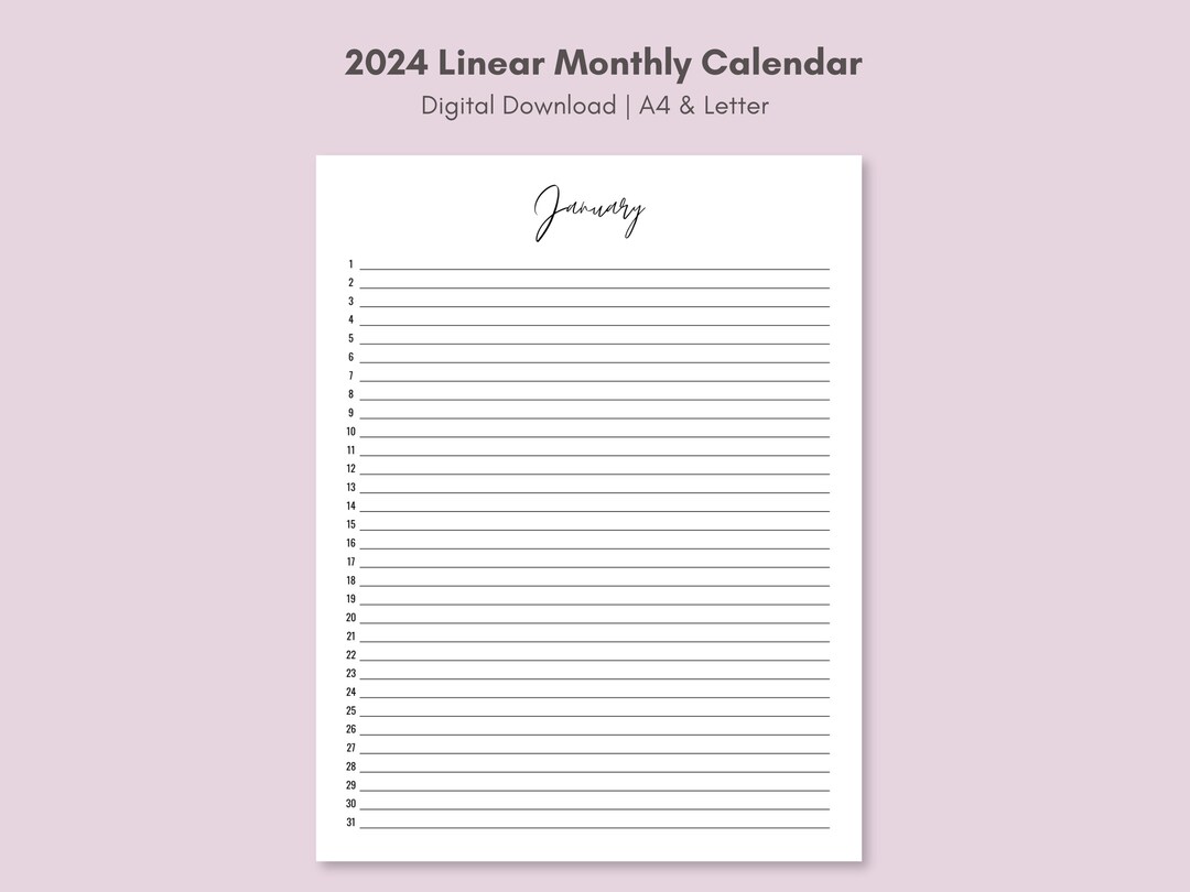 Printable Linear Calendar 2024 Monthly Planner 2024 A4, Letter Portrait