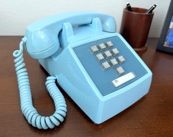 Vintage Western Electric Model 1500 Touch-Tone Desk Phone – 10 Button Telephone – Aqua Blue – Fully Working – Mid Century Modern