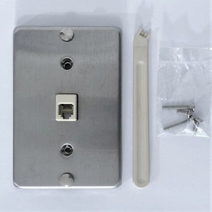 May include: A brushed stainless steel wall plate with a single RJ-45 jack, two screw holes, and a white plastic trim piece. The plate comes with screws and a tool for removing the faceplate.
