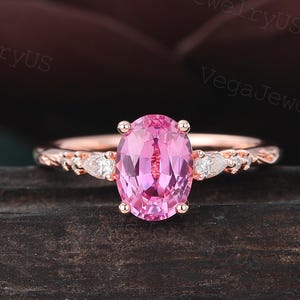 Oval Cut Lab Pink Sapphire Engagement Ring Vintage Rose gold Pear Moissanite Diamond Bridal ring Wedding Promise Anniversary Ring for Women