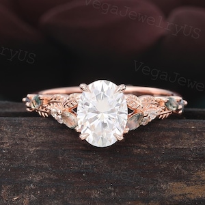 Oval cut Moissanite engagement ring Vintage Rose Gold Marquise cut Moss Agate bridal Alexandrite ring Art deco Anniversary ring for Women