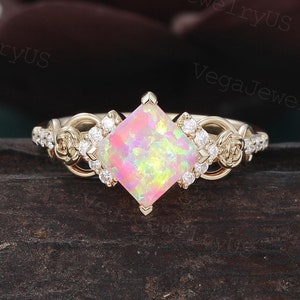 Princess cut Lab Pink Opal engagement ring Unique Yellow gold moissanite ring Art Deco Twist Flower Promise Anniversary Ring for Women Gift