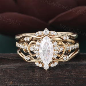 3Pcs Marquise cut moissanite engagement ring set Unique Yellow gold Bridal ring set Dainty Moissanite promise Anniversary Ring Set for Women
