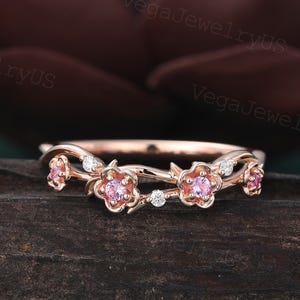 Vintage Natural Pink Sapphire wedding band Unique Rose gold Art Deco Branch Flower ring Matching stackable bridal Moissanite ring for women