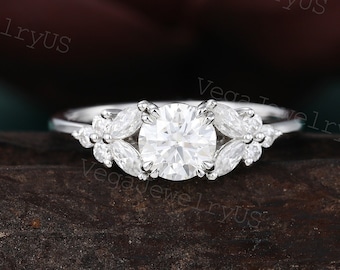 Vintage Round moissanite engagement ring white gold butterfly moissanite engagement ring unique diamond bridal ring anniversary promise ring