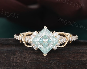 Princess Cut Blue Moissanite Engagement Ring Dainty Yellow Gold Diamond Ring Unique Bridal Ring Twist Anniversary Ring Personalized Jewelry
