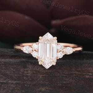 Long Hexagon cut moissanite engagement ring Vintage Rose gold Marquise cut Moissanite Bridal ring Art deco Promise Anniversary ring Women