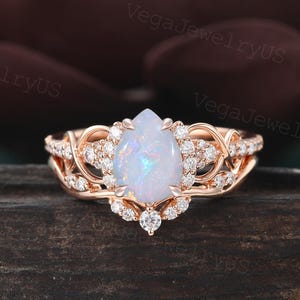 Pear cut Natural Opal engagement ring set Vintage Rose gold engagement ring set Dainty Moissanite bridal set promise Anniversary Ring Set