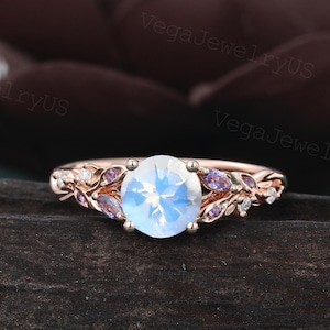 Round Shaped Moonstone Engagement Ring Unique Rose gold Marquise Tanzanite Round Amethyst ring Art Deco Moissanite Bridal Ring for Women