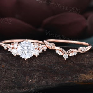 Vintage Diamond engagement ring set Unique rose gold engagement ring set Dainty diamond bridal set promise ring for Women Anniversary gift