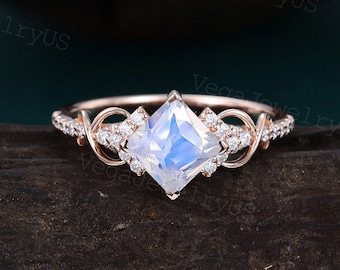 Princess cut moonstone engagement ring Unique rose gold moissanite ring Delicate diamond bridal ring Twist promise ring Anniversary ring