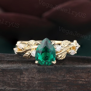 Branch Lab Emerald Engagement ring Pear cut yellow gold Leaf Design Moissanite ring Nature inspired diamond bridal ring May Birthstone ring