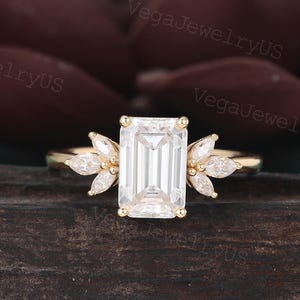 Emerald cut moissanite engagement ring Unique Yellow gold Marquise cut Moissanite bridal Dainty promise Diamond ring Women Anniversary Gift