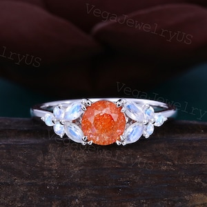Sunstone engagement ring Vintage white gold engagement ring Marquise moonstone cluster ring Dainty bridal ring Promise ring Marriage ring