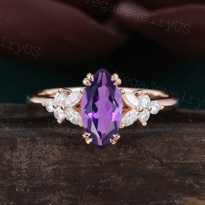 Marquise cut Amethyst engagement ring Vintage Rose gold marquise Moissanite Bridal ring Art deco Promise Anniversary ring for women Gift