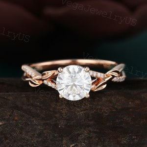 Vintage Moissanite engagement ring Unique rose gold engagement ring Diamond Leaf ring wedding bridal ring Art deco anniversary promise ring