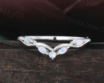 Natural Opal Vintage curved wedding band Unique White gold Marquise Art deco Matching stackable Opal ring Women Dainty bridal Promise Ring