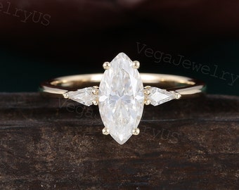 Marquise moissanite engagement ring Vintage yellow gold engagement ring Kite cut diamond bridal ring Dainty promise ring Anniversary gift