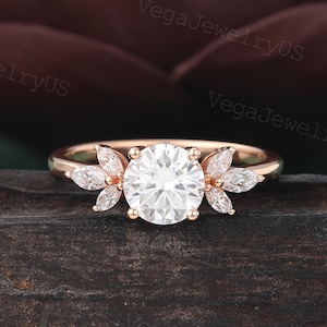 Round cut moissanite Engagement ring Vintage Rose gold Marquise cut Moissanite bridal Ring Infinity promise Diamond wedding ring for Women