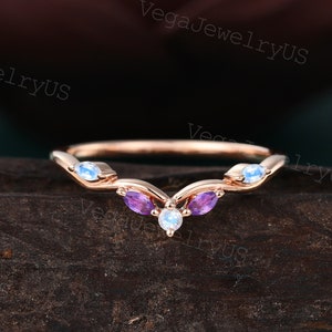 Vintage curved Moonstone wedding band Unique rose gold Marquise cut Amethyst ring Matching stackable ring Dainty bridal ring for women gift