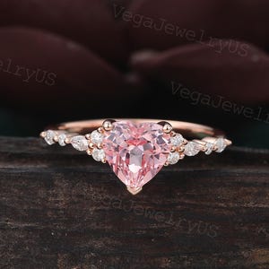 Heart cut Lab Pink Sapphire engagement ring Vintage rose gold Marquise cut Moissanite Diamond bridal ring Dainty promise Anniversary ring