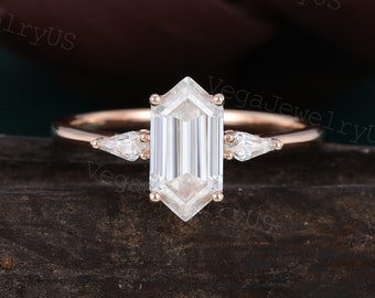 Long hexagon moissanite engagement ring Unique rose gold engagement ring Kite cut diamond bridal ring Dainty promise ring Anniversary gift