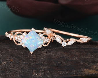 Princess cut opal engagement ring set Rose gold moissanite ring set Dainty diamond bridal set Twist promise ring set Unique marriage ring