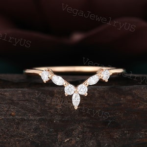 Marquise Moissanite Curved wedding band Rose gold wedding band Art deco Diamond ring Matching Stackable ring Promise dainty bridal ring