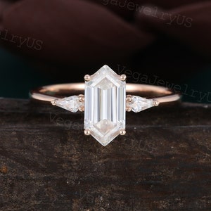 Long hexagon moissanite engagement ring Unique rose gold engagement ring Kite cut diamond bridal ring Dainty promise ring Anniversary gift