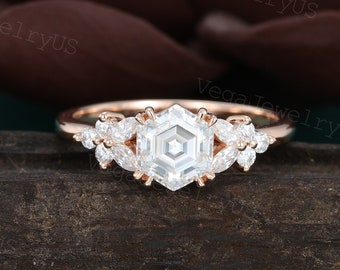 Hexagon moissanite engagement ring Rose gold butterfly engagement ring Vintage diamond cluster ring Art deco woman bridal ring Promise gift