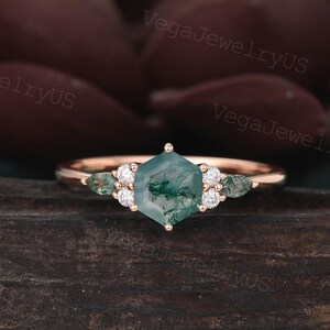Hexagon Cut Moss agate engagement ring Vintage rose gold Marquise cut Moss Agate Bridal ring promise Anniversary Moissanite ring for women
