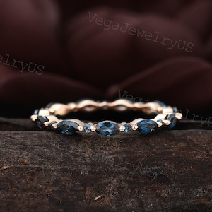 Full/Half eternity London Blue Topaz wedding band rose gold wedding band Marquise Topaz ring Art deco ring Matching Stackable bridal ring
