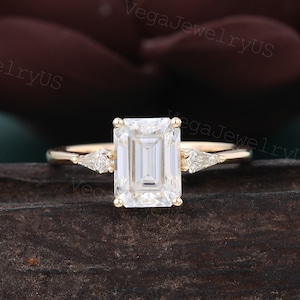 Emerald cut Moissanite engagement ring vintage yellow gold kite shaped ring three stones ring diamond bridal ring promise anniversary ring
