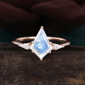 Kite Cut Moonstone engagement ring Unique rose gold engagement ring Kite cut Moissanite bridal Dainty promise ring Women Anniversary gift