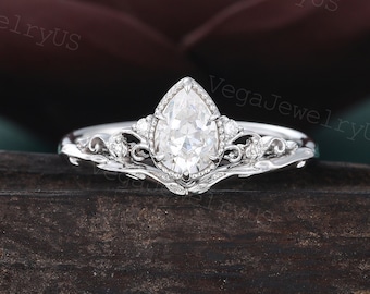 Pear shaped moissanite engagement ring vintage white gold diamond engagement ring unique bridal ring anniversary promise ring for women