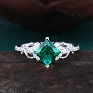 Princess cut emerald engagement ring White gold moissanite ring Dainty diamond bridal ring Twist promise ring Anniversary ring for woman
