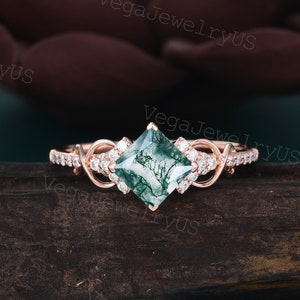 Princess cut moss agate engagement ring Unique rose gold moissanite ring Dainty diamond bridal ring Twist promise ring Anniversary ring