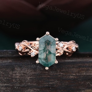 Long Hexagon cut Moss agate Engagement ring Vintage Rose gold Art Deco Botanical Moissanite Diamond Bridal Anniversary Ring for Women Gift