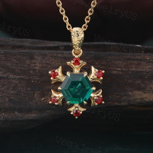 Hexagon cut Snowflake Lab Emerald Necklace Pendant Unique Yellow Gold Lab Ruby Pendant Delicate Christmas Jewelry Winter Xmas Gift for Her